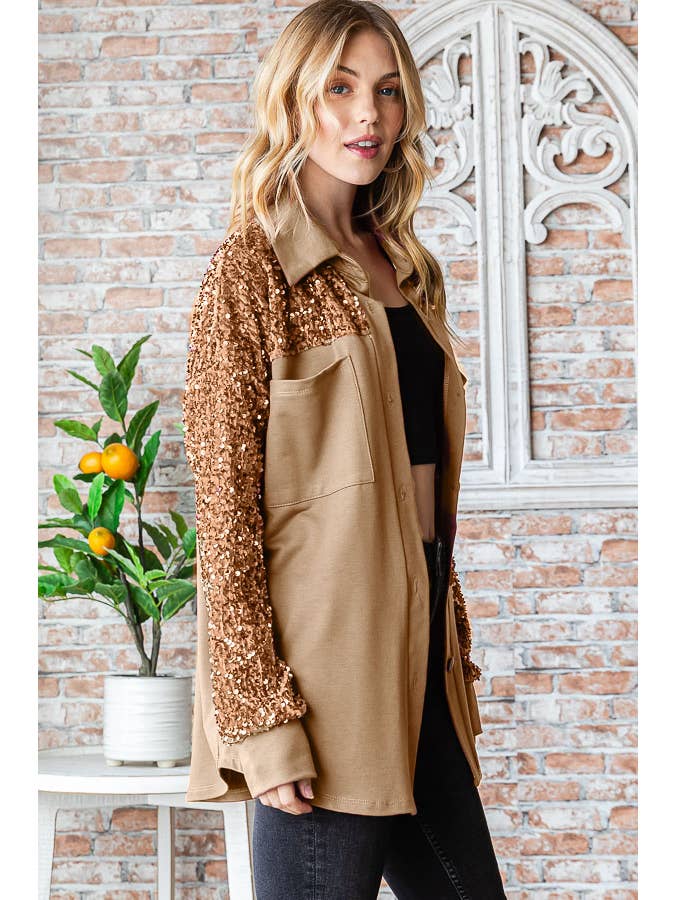 7th Ray - Wholesale Shirt Jacket/Shacket - Women's - Sequin Contrast Knit Shacket for Women T5353
