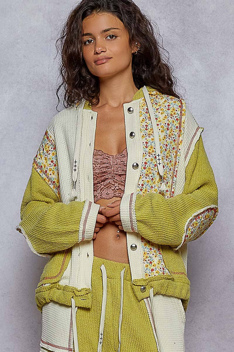 Pol Clothing - Wholesale Jacket - Women's - Balloon Sleeve Quilted Detail Floral Knit Hoodie Jacket SALE8