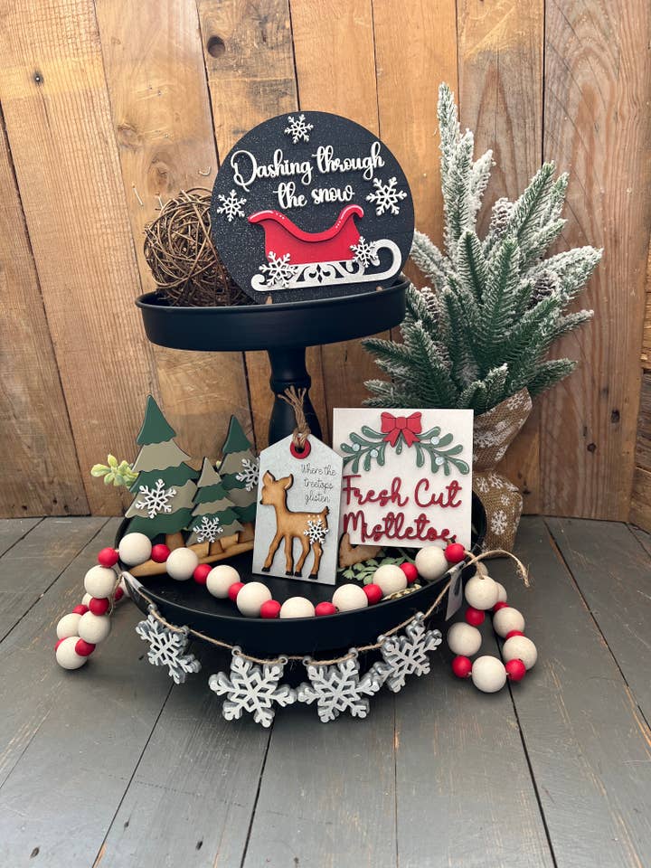 Mistletoe Christmas Tier Tray Kit for wholesale by Rustic Home Co LLC