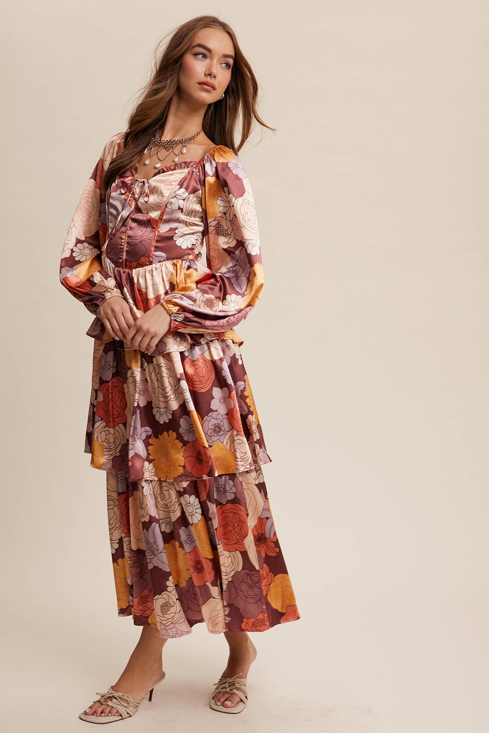 Listicle - Wholesale Dress - Women's - Floral Lace-Up Tiered Maxi Dress LD144816