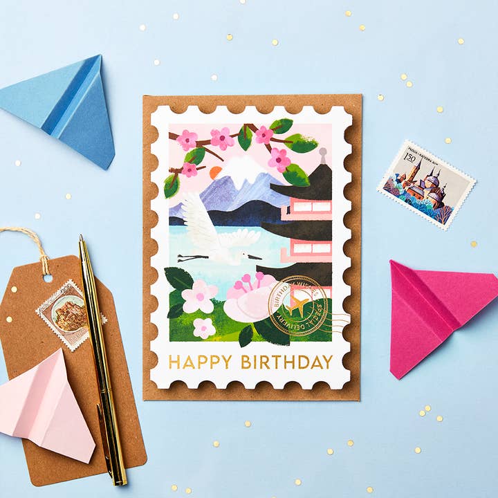 Mount Fuji Stamp Birthday Card| Travel Themed Cards for wholesale by Stormy Knight