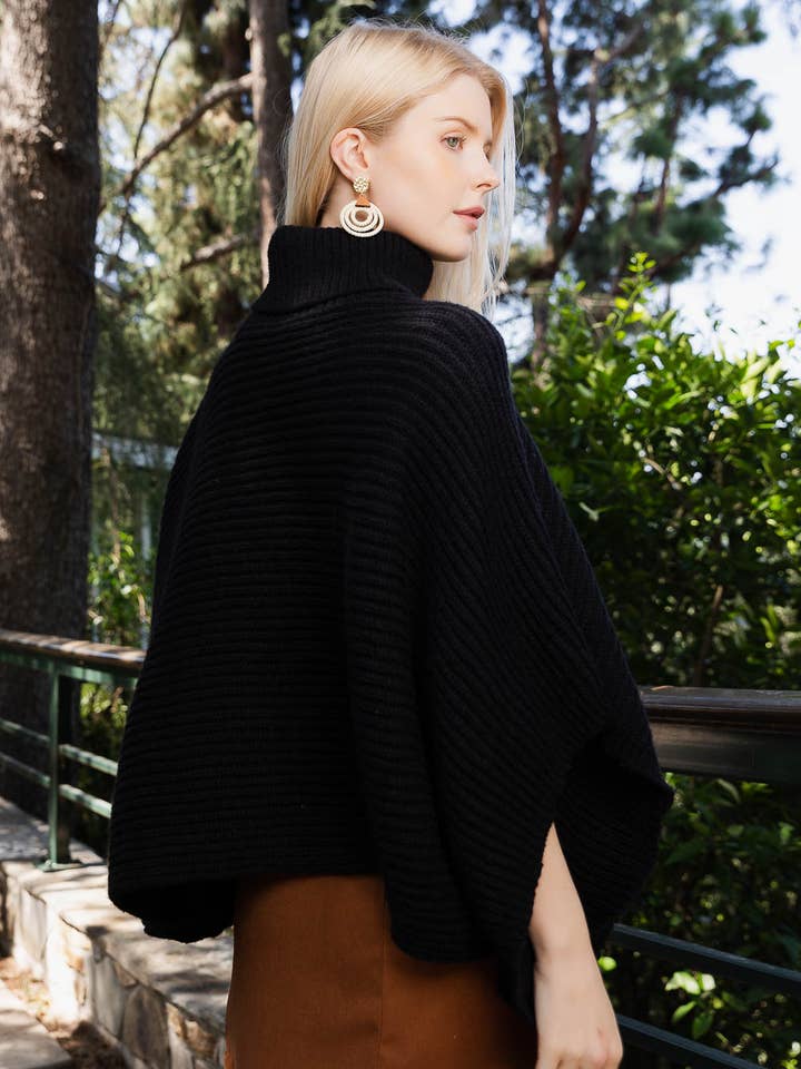 Leto Accessories - Wholesale Poncho - Women's - 🐢 Turtleneck Ribbed Knit Poncho w/ Armholes
