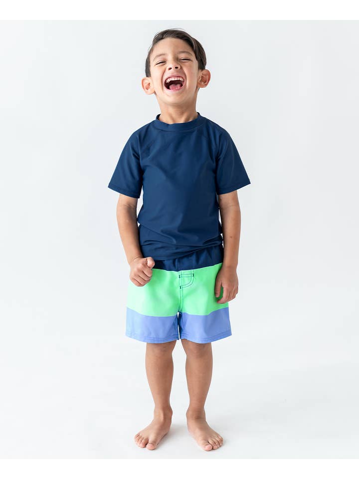 RuffleButts + RuggedButts - Wholesale Swim Shorts - Kids - Boys Mint & Blue Color Block Swim Trunks