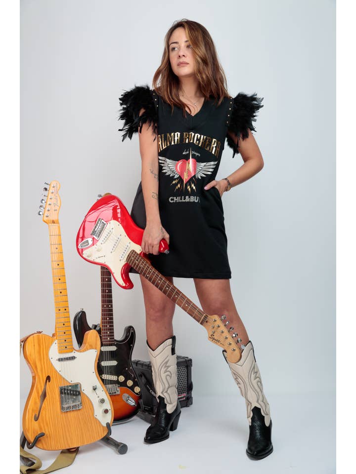 Noir Robe Alma Rockera en plumes et clous pour femme en vente sur Faire1