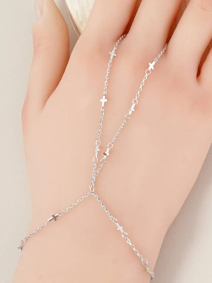 Religious-Theme Satellite Delicate Cross 18K-Gold-Dipped Brass Hand-Chain Bracelet for wholesale by Wild Honey