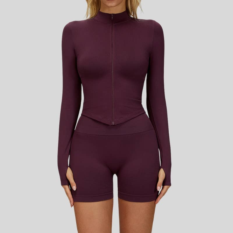 WONDERXFANS - Wholesale Activewear Set - Women's - Long Sleeve Full Zipper Jacket + Shorts 2-piece Set3