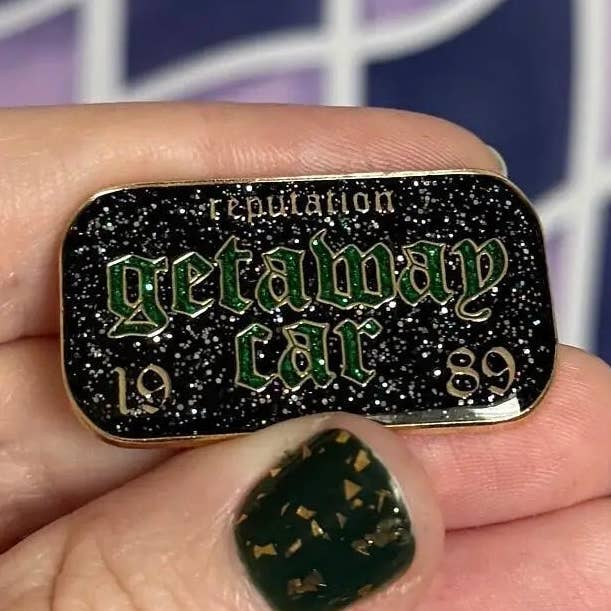 Getaway Car glitter enamel pin for wholesale by MangoIllustrated