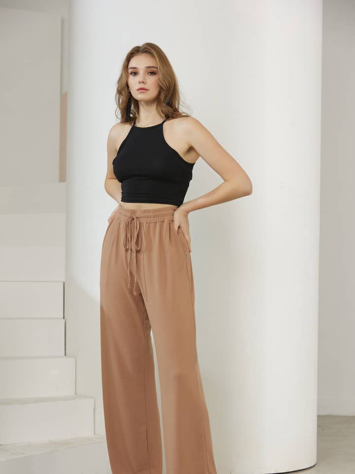 Calças de Lounge Caneladas de Perna Larga Plus Comfy - NP1007A-P por atacado de noflik