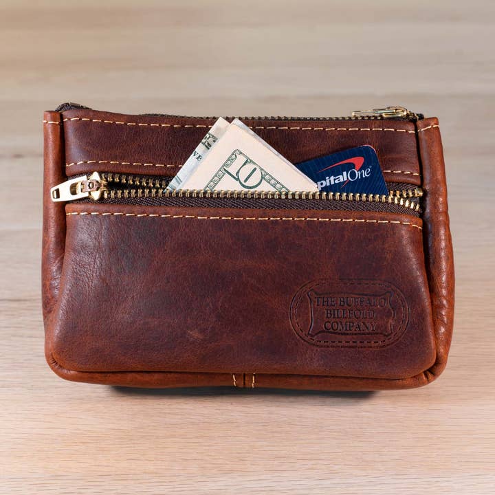Giddy Up Clutch - Leather Coin and Card Case - Brass Zippers for wholesale by Buffalo Billfold Company