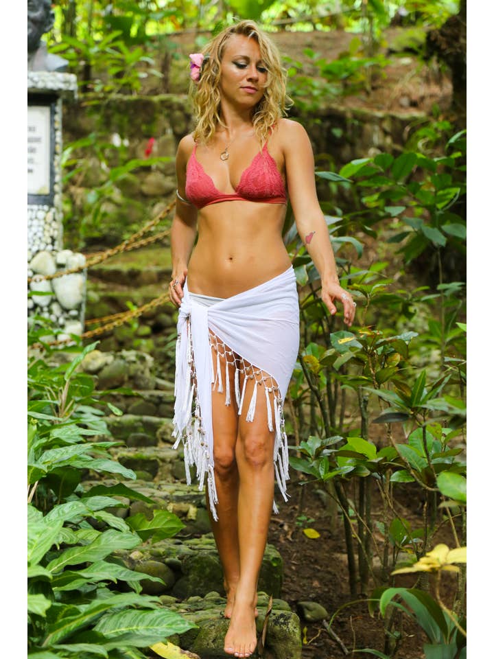 1 World Sarongs - Wholesale Swim Cover Up - Women's - Triangular Sheer Sarong with Fringed with Shells in White6
