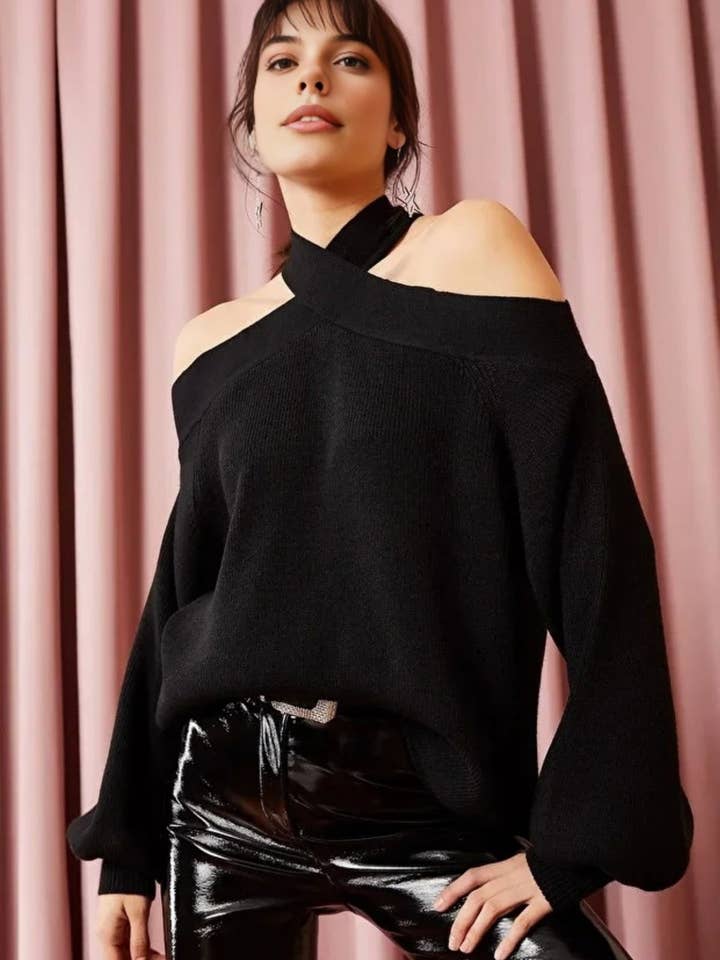 Cross-Neck Knit Sweater for wholesale by Hoxton Gal