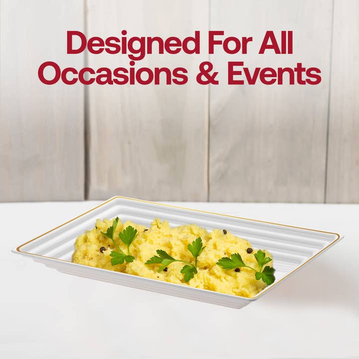 Smarty had a Party - Wholesale Serving Tray - 9" x 13" White/Gold Rim Plastic Serving Trays - 3 pcs5