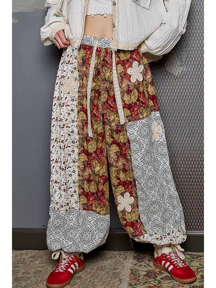 Pol Clothing - Wholesale Pants - Women's - Crochet patch detail contrast patchwork printed woven pants13