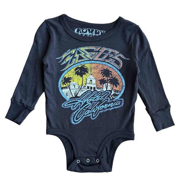 The Eagles Hotel California Black Onesie for wholesale by Rowdy Sprout