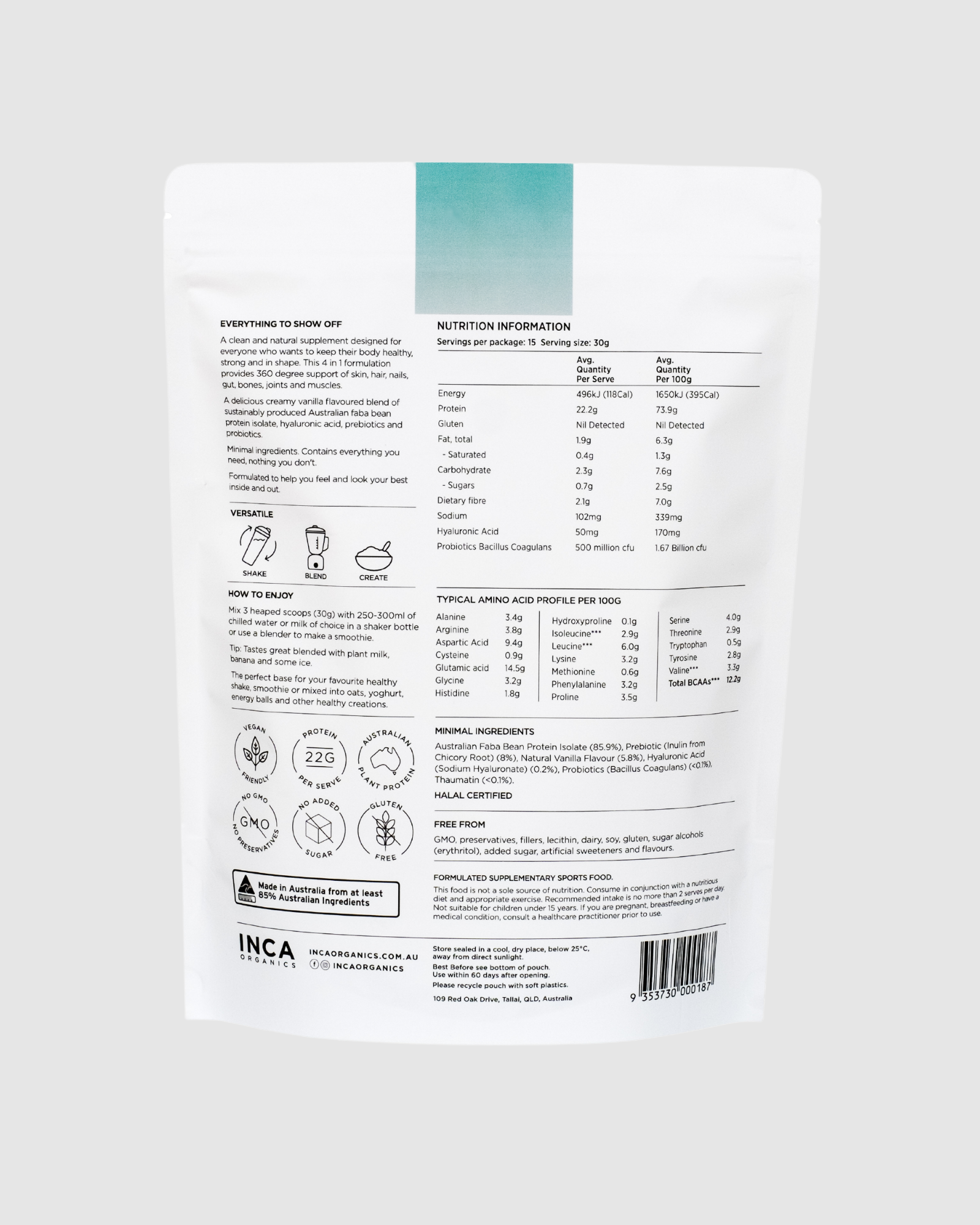 INCA Organics – wholesale Protein/superfood powder – Skin Body Gut Natural Plant Protein Powder - Vanilla 450g1