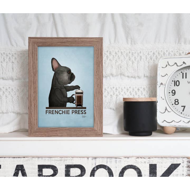 Laura Bergsma Studio - Venta al por mayor Ilustración - Impresión artística del perro bulldog francés, Frenchie Press, edición negra