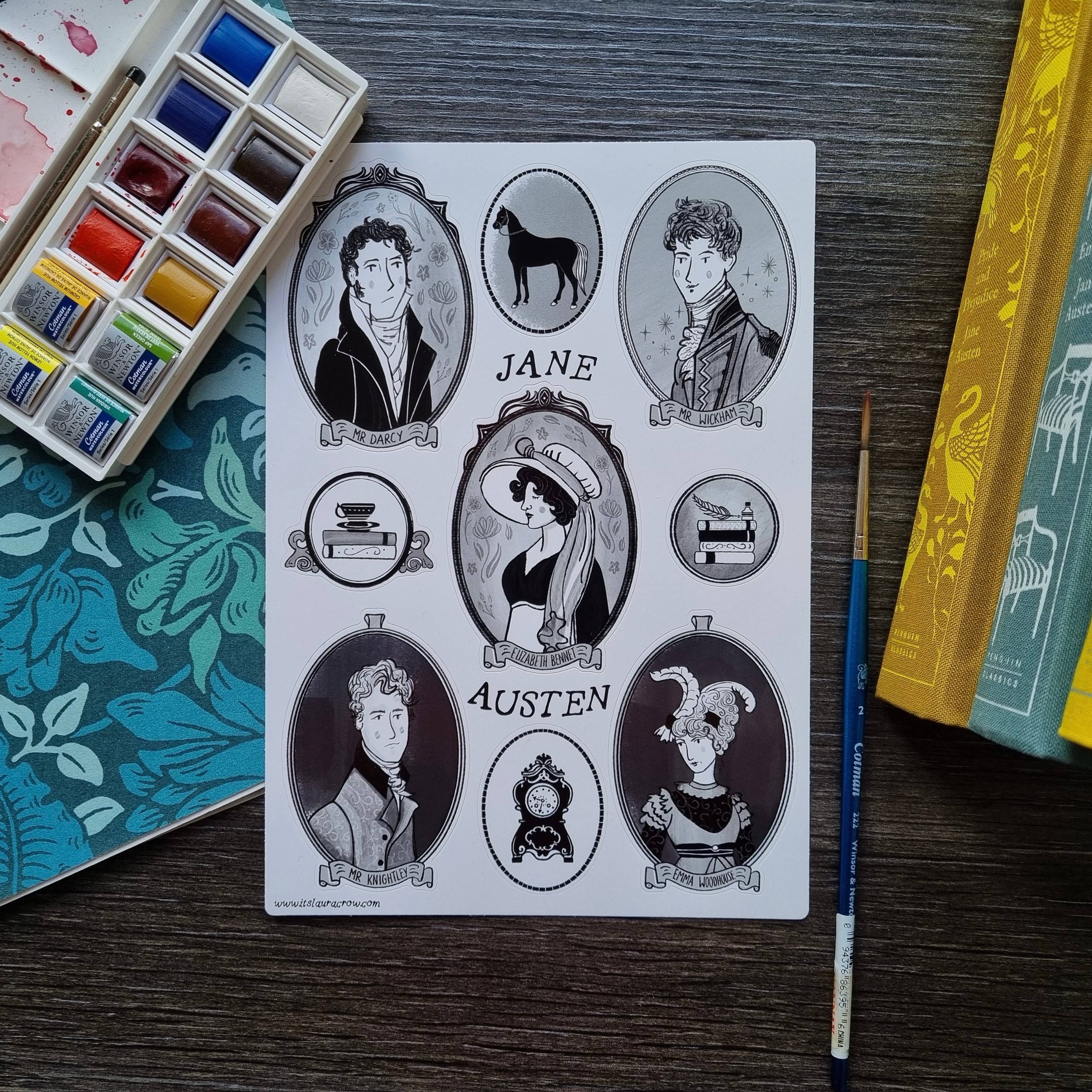 Laura Crow Illustration - Wholesale Phone & Laptop Stickers - Jane Austen A5 Vinyl Sticker Sheet