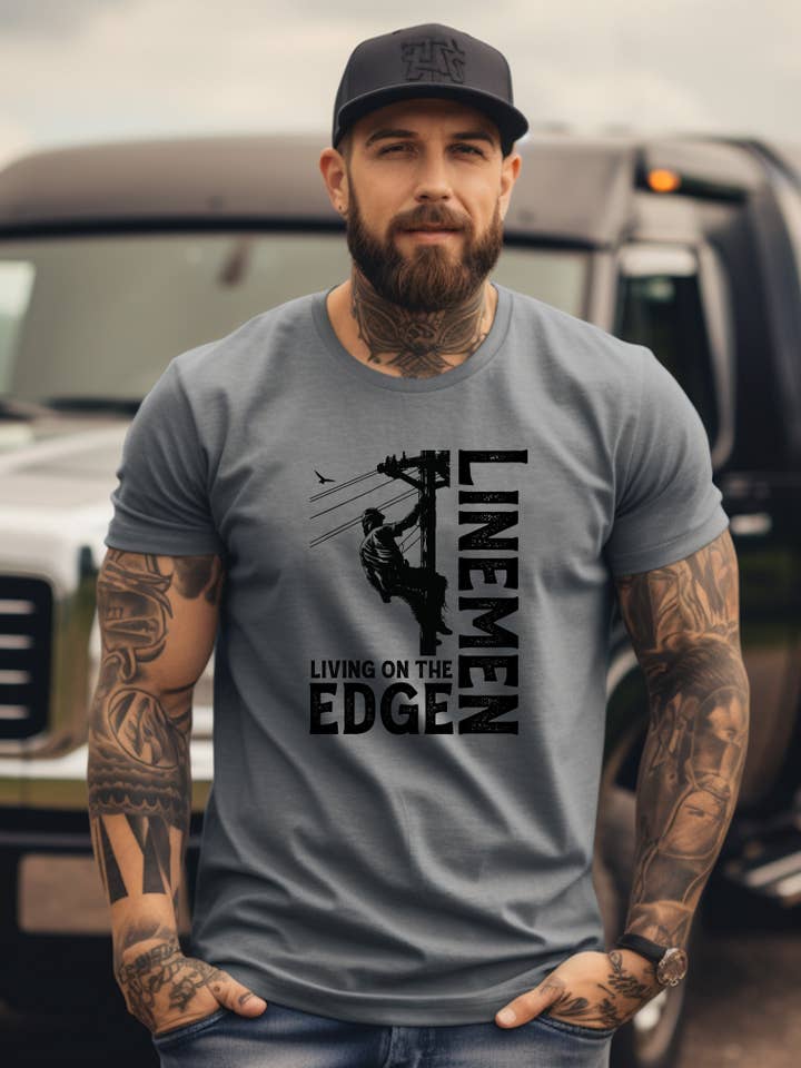 Cherry Chic Designs - Wholesale Screen Printed T-Shirt - Men's - Lineman Living on the Edge  - Softstyle Tee - Charcoal0
