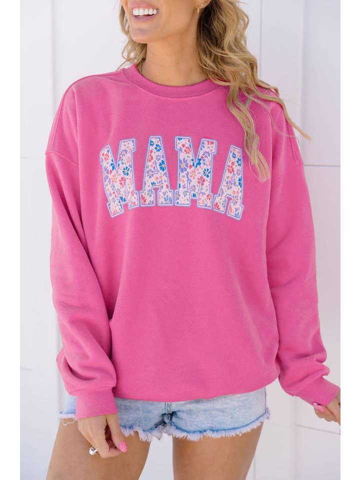 Rose Red Floral MAMA Embroidered Pullover Sweatshirt for wholesale on Faire