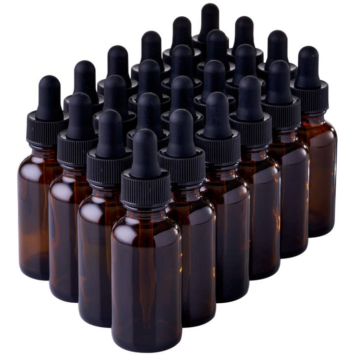 Paquet de 24 verres ronds Boston ambré avec compte-gouttes noir 1 oz pour la vente par Focus Nutrition