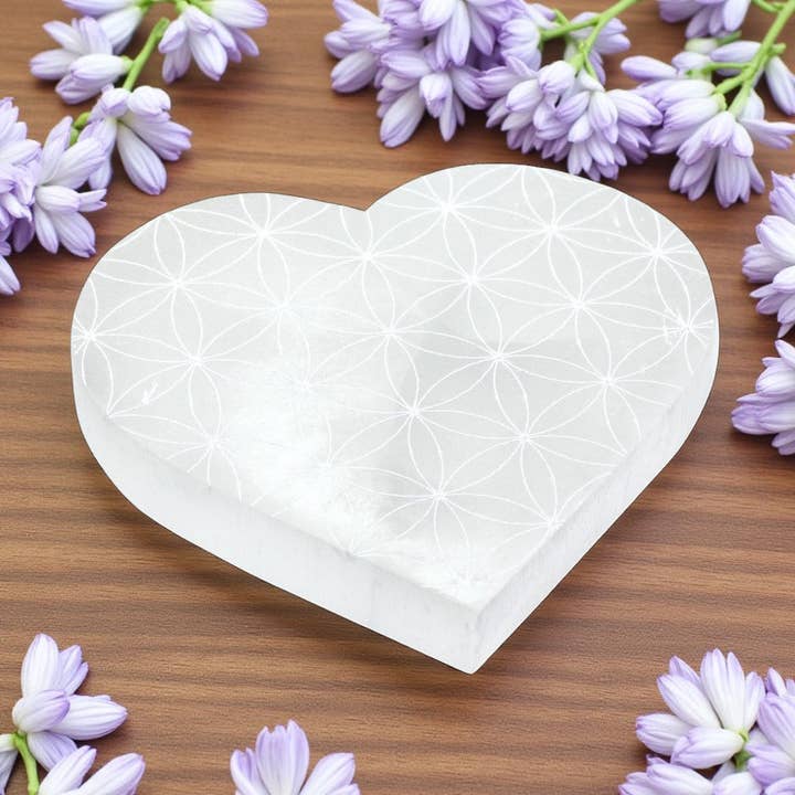 Selenite - Flower of Life Heart Coaster for wholesale by Earths Elements Wholesale