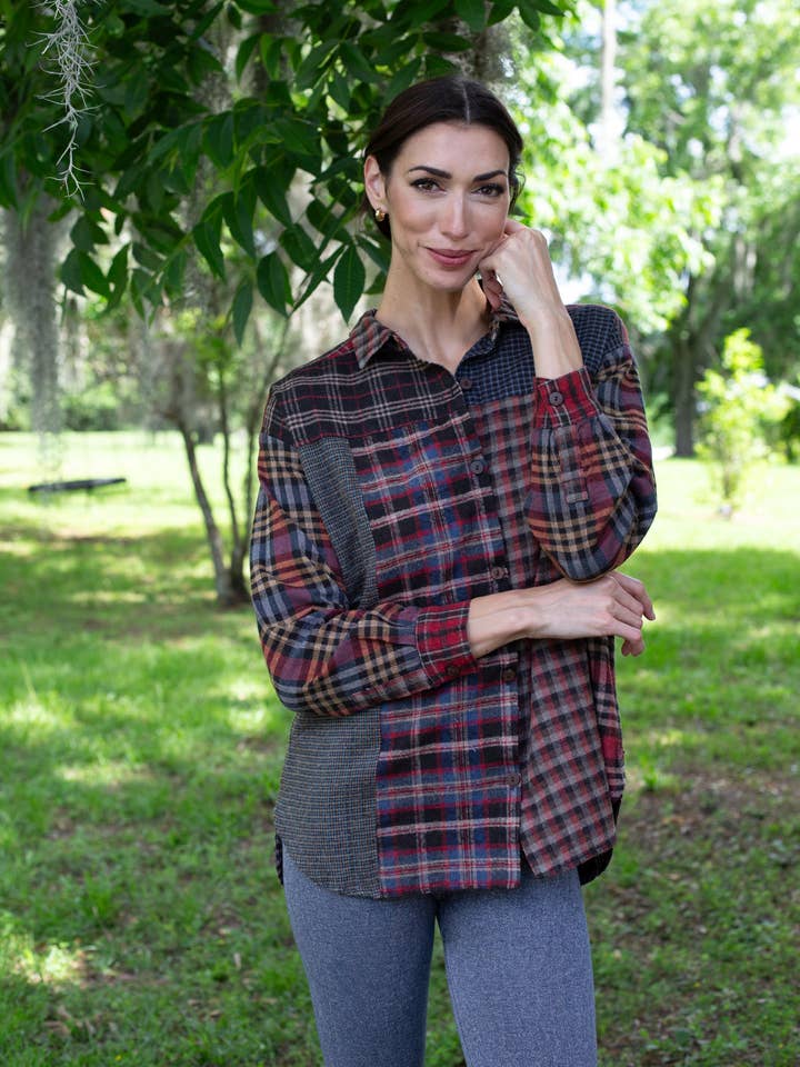 Sacred Threads - Wholesale Button Down Shirt - Women's - Patchwork Plaid Brushed Cotton Button Shirt1