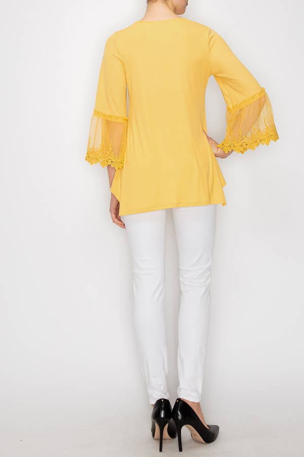 Origami Apparel ~  Lace and Crochet inspired - Venta al por mayor Túnica - Mujer - TOP TÚNICA CON ADORNOS DE ENCAJE EN LAS MANGAS-4480MOSTAZA4