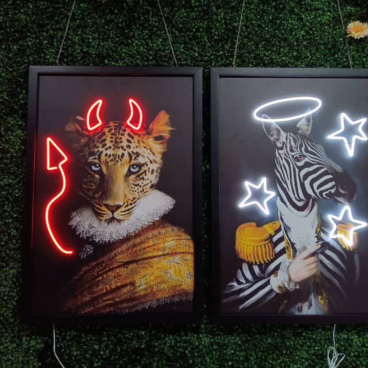 Devil Leopard och Angel Zebra LED-neonskylt – unik halloween-dekor med vintage djurporträtt för hem och kontor för wholesale av CityNeon