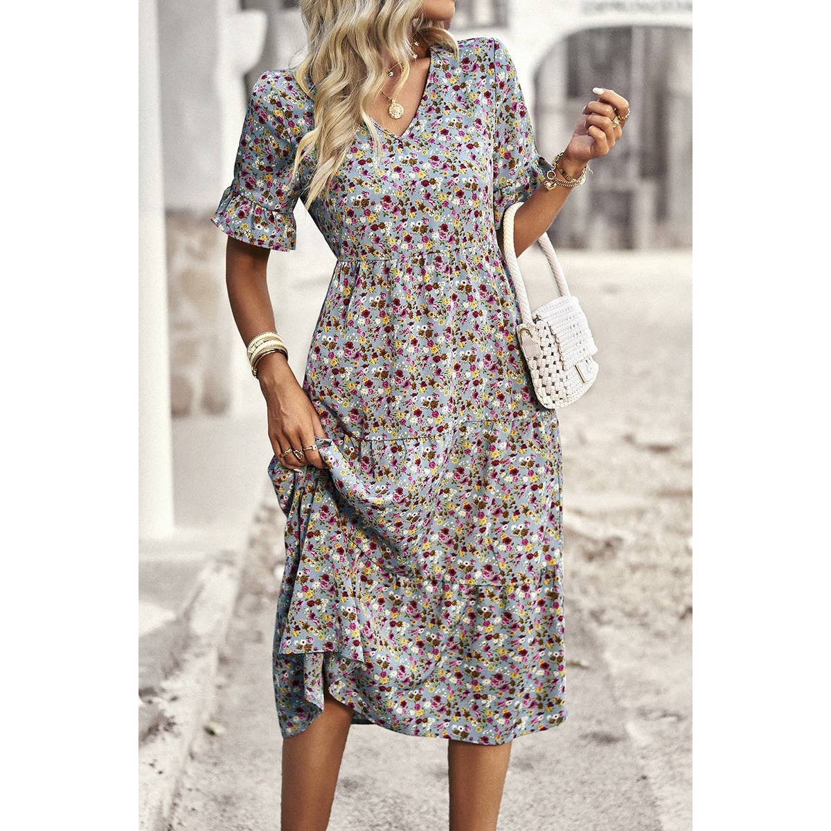 Supreme Fashion – wholesale Dress – Women's – Boho Floral Ruffle Hem V Neck Short Sleeve Dress11