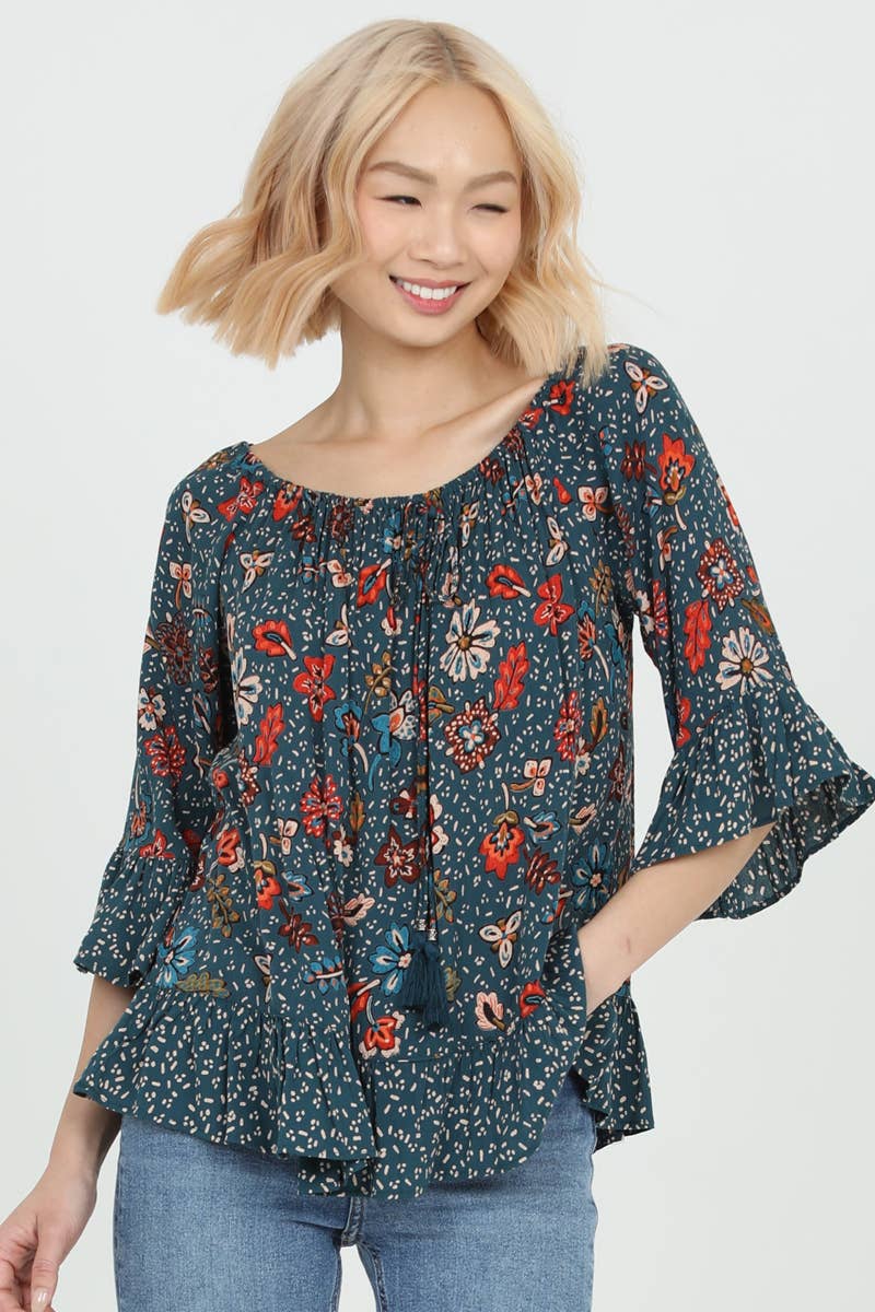 Nostalgia - Wholesale Blouse - Women's - N2R89-FQ73-FQ74 FLARE SLEEVE TWIN PRINT BLOUSE5