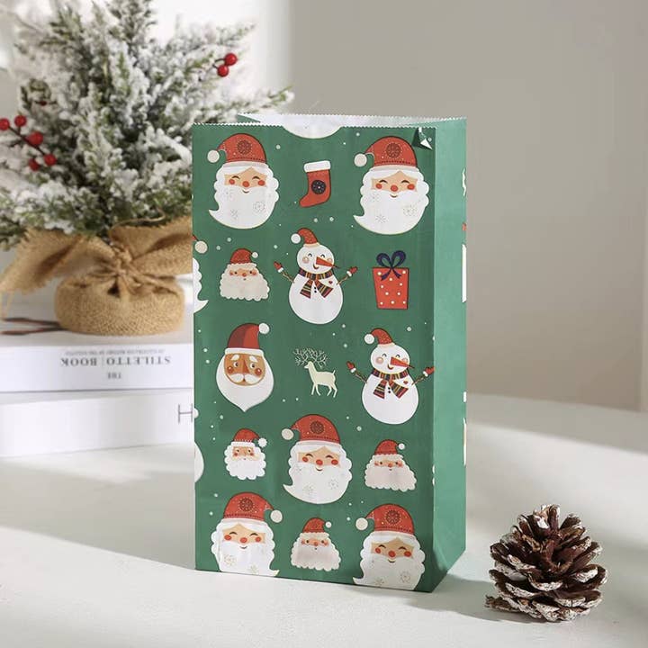 Borsa regalo di carta bianca e verde con Babbo Natale, pupazzo di neve e elfo natalizi, 50 pezzi per la vendita all'ingrosso da parte di ByHome