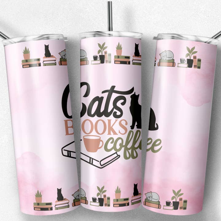 Cat, Book and Coffee Tumbler, Coffee Lover Tumbler, for wholesale by So Peachy Designs