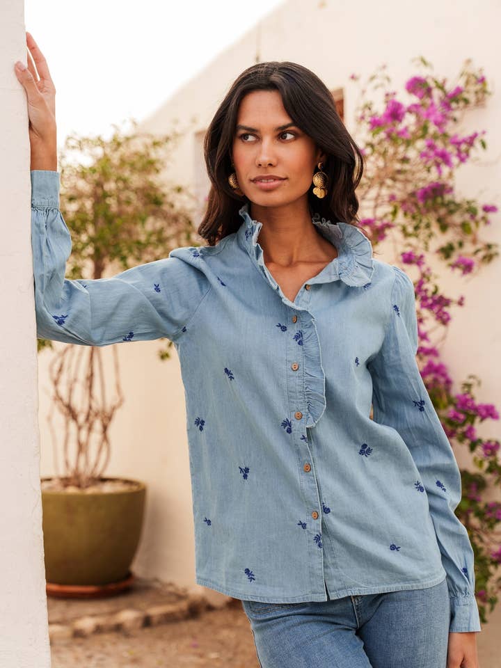 ONADO – Camisa com botões no colarinho – Mulher por atacado – Camisa de algodão bordada floral Azura4