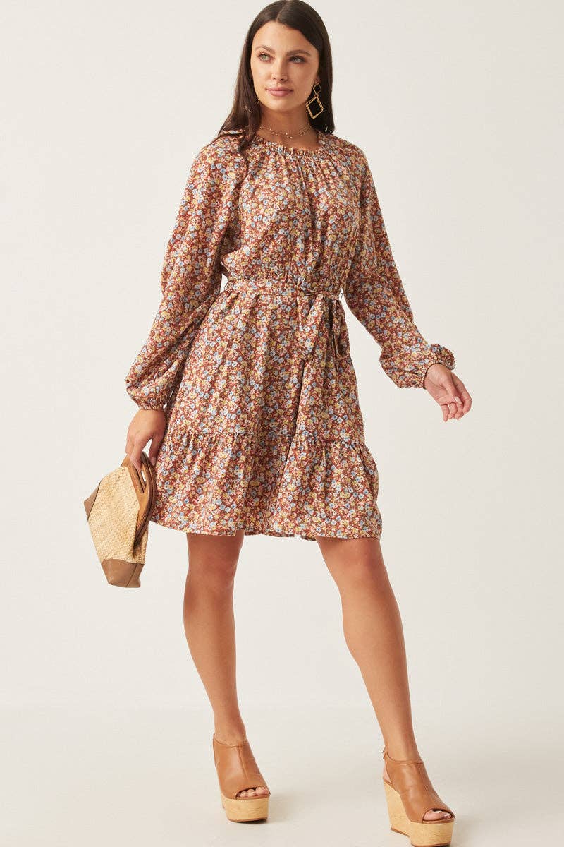 Brown Womens Floral Print Ruffle Neck Puff Sleeve Dress for wholesale on Faire2
