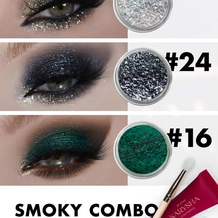 Fards à paupières pailletés Smoky Combo teintes #04, #16, #24 & Base gel offerte pour la vente par KARYSHA Cosmetics