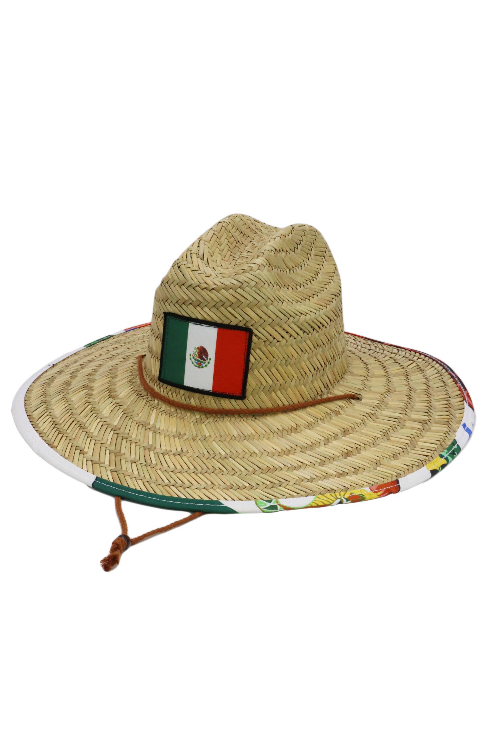 Cap Zone - Vendita all'ingrosso Cappello di paglia - Unisex - Cappello da bagnino in paglia Rush con bandiera messicana sotto la tesa1