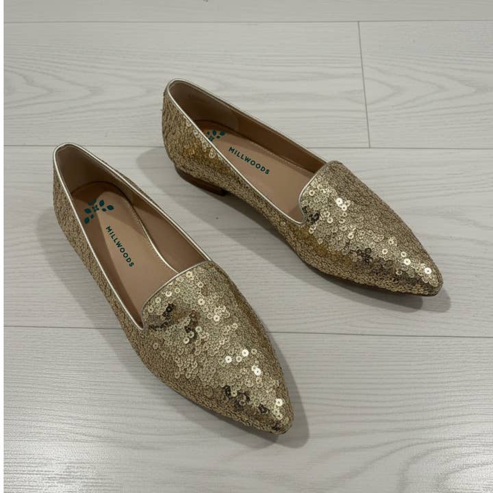 Poplar Pointed Flat - Gold Sequin for wholesale by Millwoods Shoes