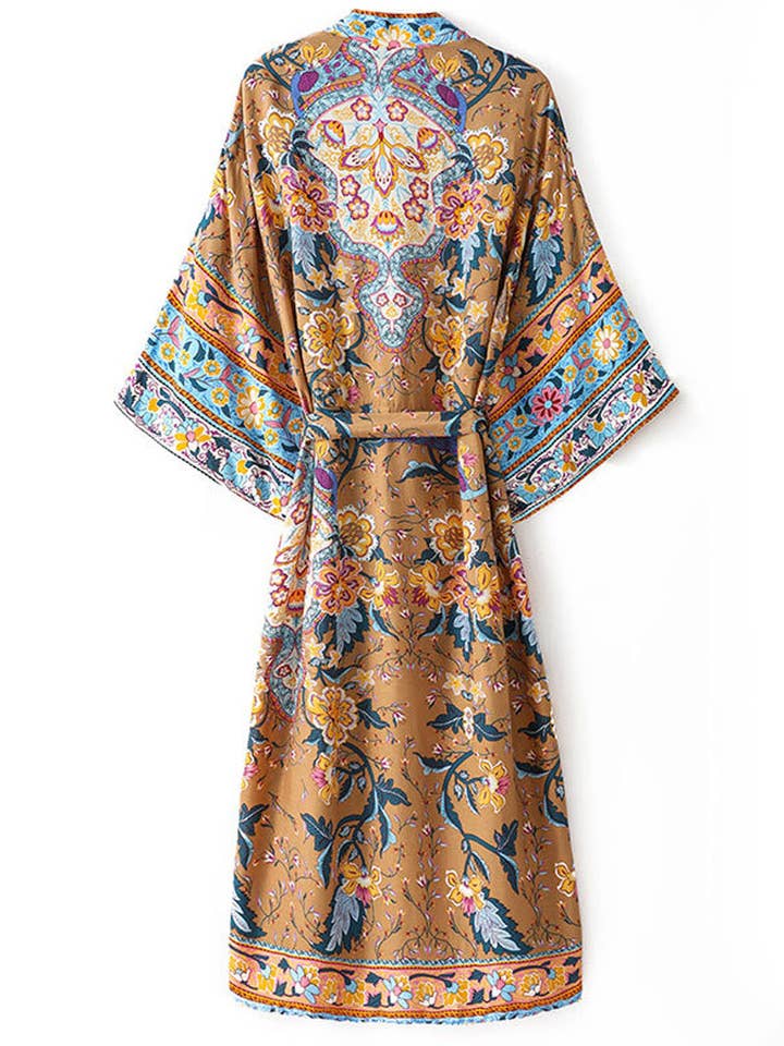 Brun Strandtøj Kimono Kåbe Blomsterprint Brun Farve Bomuld Langlængde Kjole Duster Robe for engroshandel på Faire