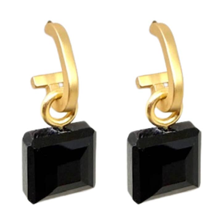 Matte Gold Paperclip and Black Square Crystal Charm Earrings for wholesale by Deborah Grivas Designs