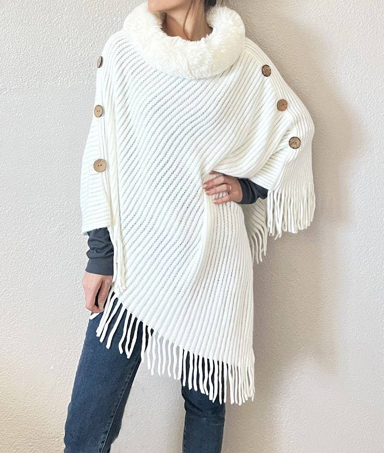 Fennco Styles – wholesale Poncho – Women's – White Fur Collar Ribbed Knit Poncho with Fringe    1