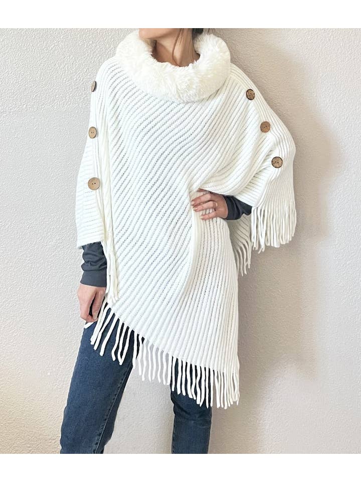 Fennco Styles – wholesale Poncho – Women's – White Fur Collar Ribbed Knit Poncho with Fringe 1