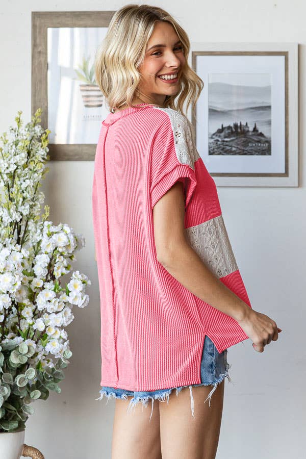 7th Ray - Vente Haut en maille – femme - Haut à manches courtes avec contraste en dentelle côtelée T586311