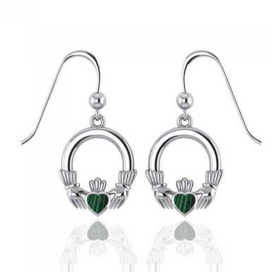 Sterling Silver Claddagh Dangle Earrings with Malachite for wholesale by Dublin Gift Company