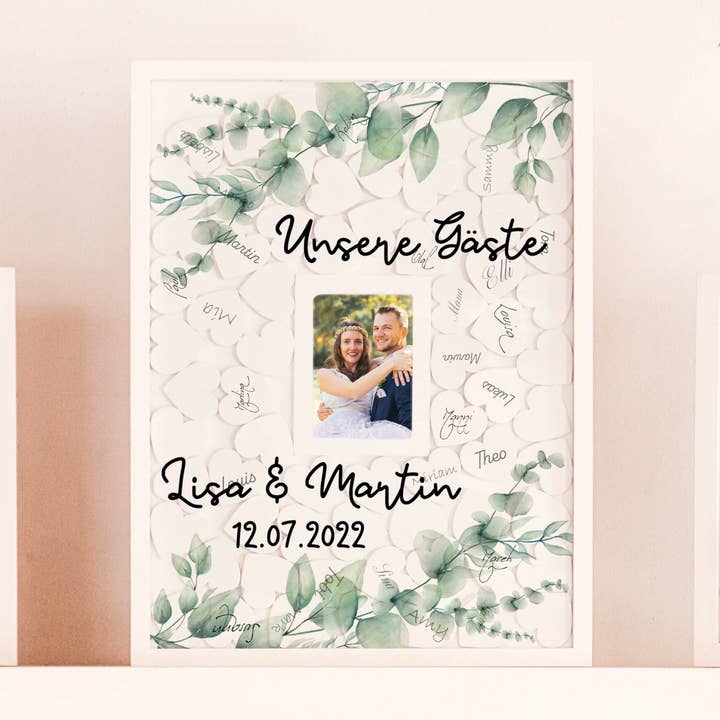 Wedding guest book with wooden hearts | eucalyptus for wholesale by Die Kerzenwerkstatt
