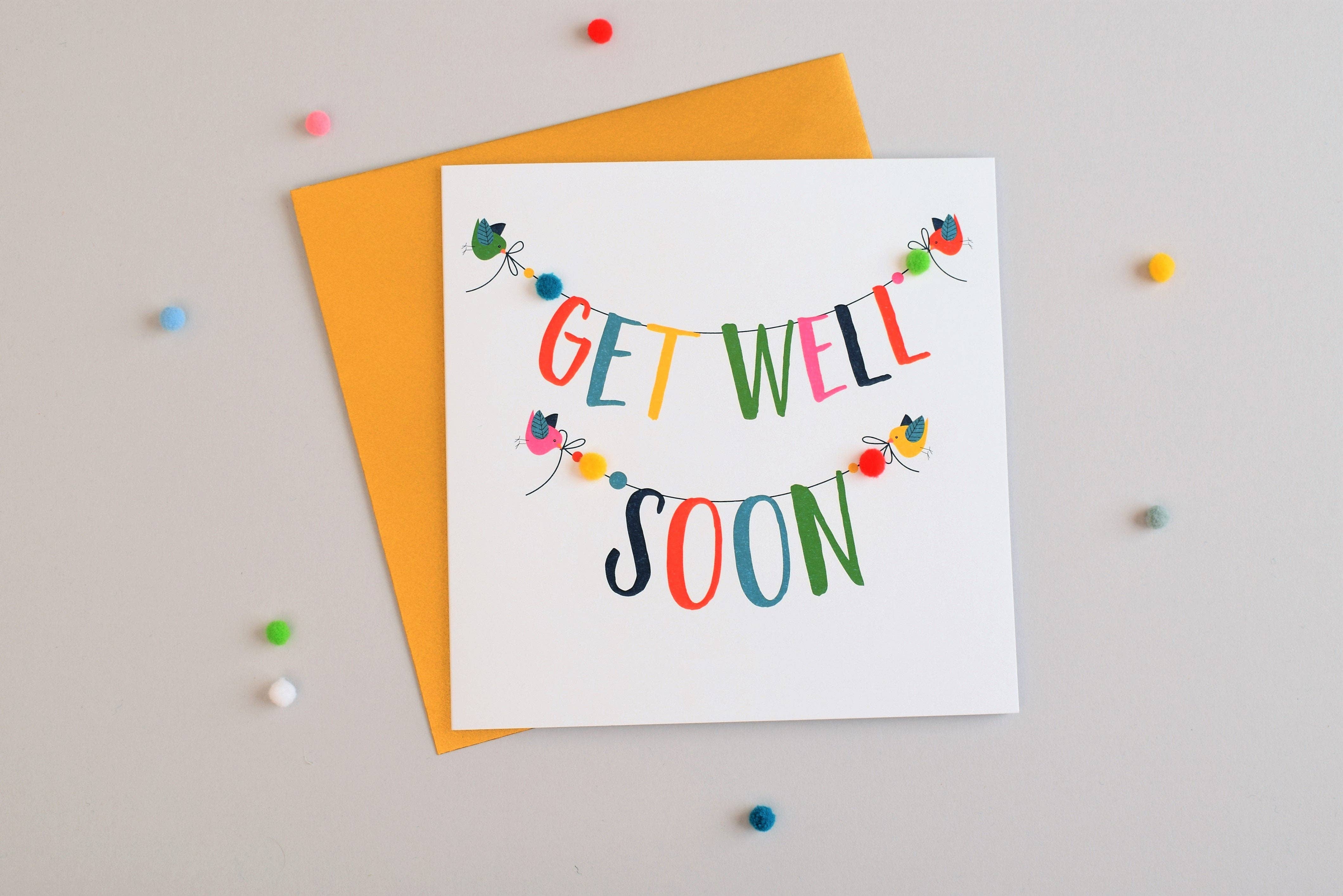 Claire Giles Ltd - Wholesale Get Well Card - Get Well Card, Banner, Get Well Soon, Embellished with colourful pompoms2