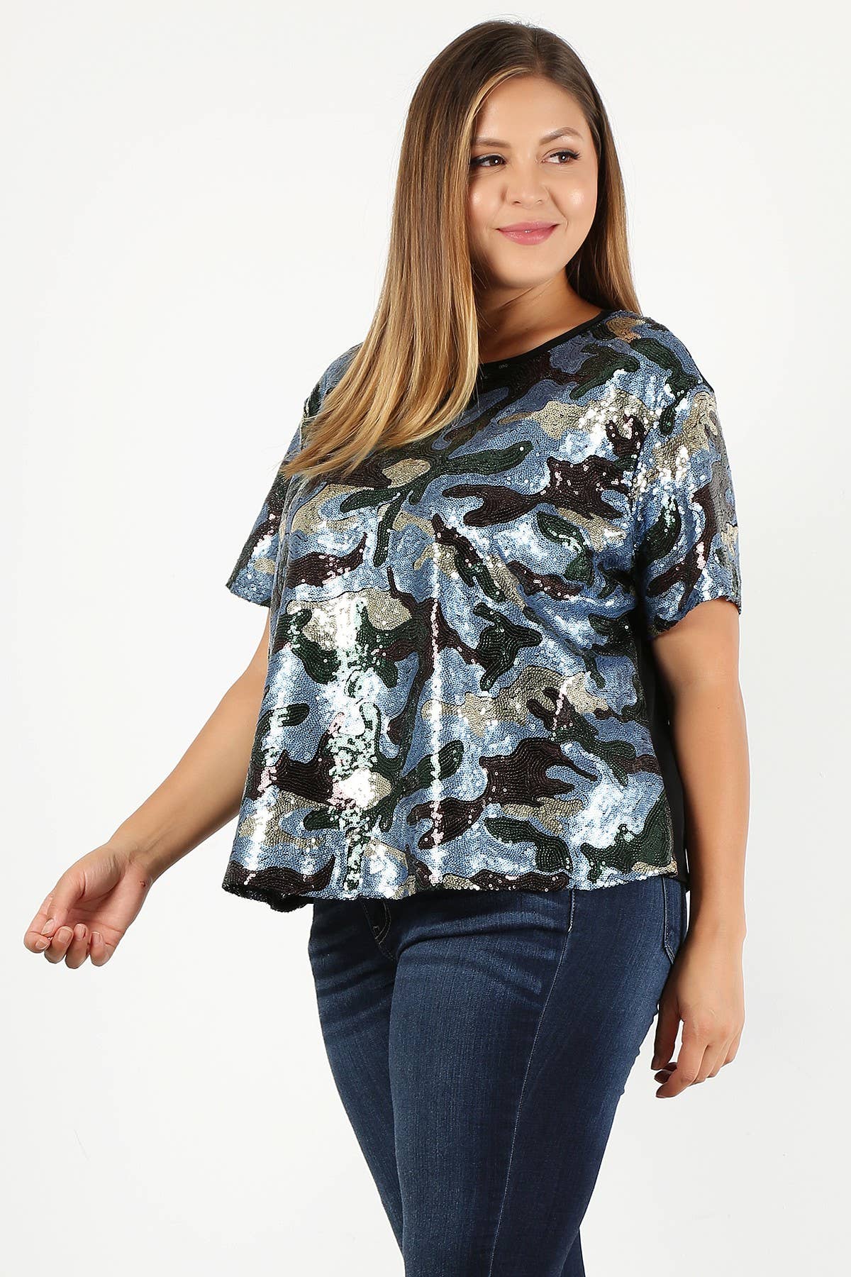 mehrfarbig Glam-Top mit Pailletten im Camouflage-Print in Übergröße 16947-2T für den Großhandel auf Faire1