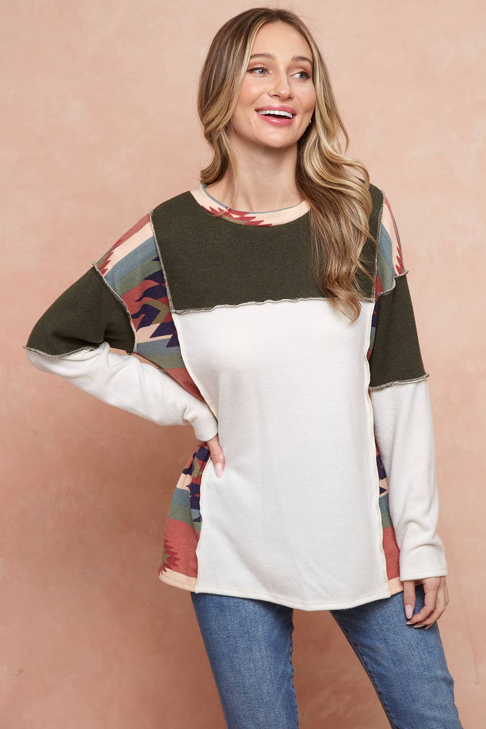 Moonshot Clothing - Wholesale Tunic - Women's - MST2977-DELFI AZTEC COLORBLOCK PULLOVER7