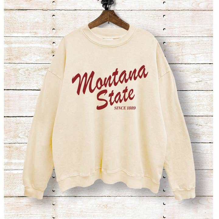 "MONTANA STATE" TYPOGRAPHY GRAPHIC MINERAL WASH SWEATSHIRT for wholesale by VINTAGE POINT USA