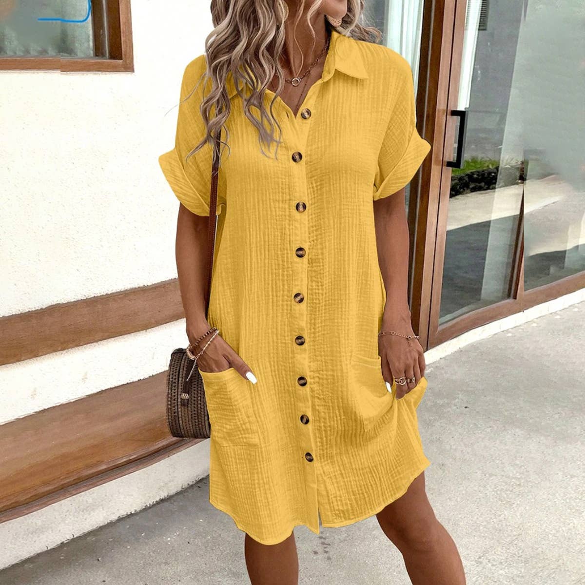 Lily Clothing - Wholesale Dress - Women's - Simple loose V-neck single breasted solid color shirt dress12