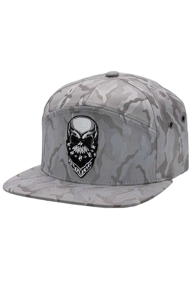 Cap Zone - Wholesale Flat Brim Cap - Men's - Rebellious Biker Skull Camo 7 Panel Snapback3